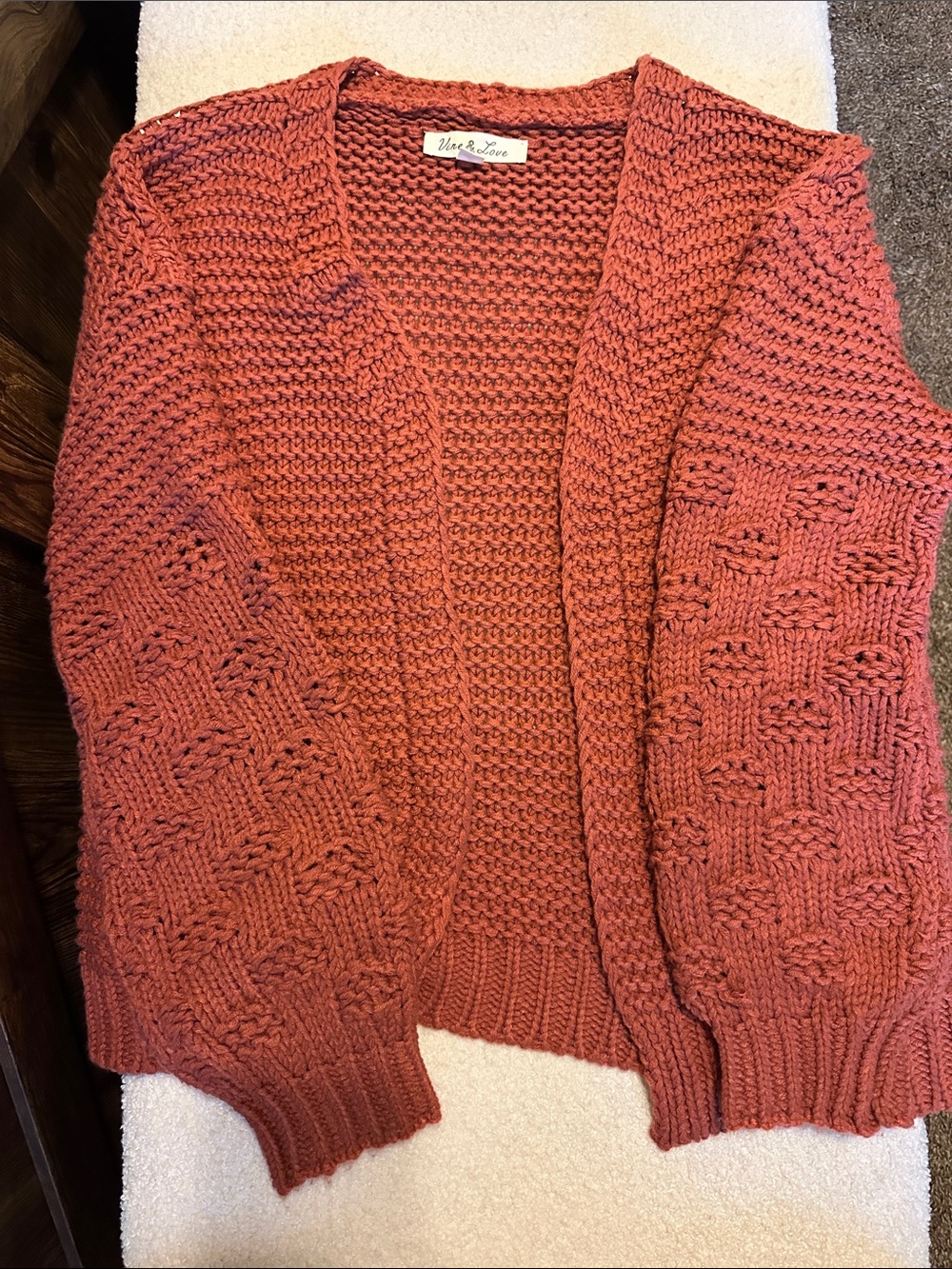 Vine & Love Rust Textured Open-Front Knit Cardigan